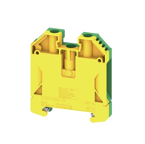 WPE 16 PE Terminal, 2 x screw connection, 16mm2 (6-14AWG) wire range, 100V rating, green/yellowcolour, TS-35, Wemid UL94V-0 material