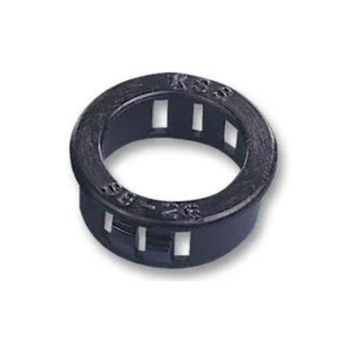 Standard insulating bush, black heat stabilised nylon 6/6, UL94V2, 12.7mm panel hole diameter(3.1mm panel thickness), 9.5mm cable diameter, 10.3mm overall length, locking