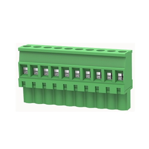 10-Way Pluggable terminal block, 5.08mm pin pitch, vertical mount, screw connection, M3 screwthread, 15A 300V rated (UL), 12-28AWG wire gauge range, polyamide PA66 green insulator UL94V-0,CSA/UL/VDE safety approvals