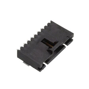 8-pin Single row SMD male right angle locking header connector, shrouded, 2.54mm pitch, blackthermoplastic housing, UL94V-0, 3-amp current rating, -65c to +105c operating temperature range