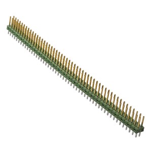 100-Pin Vertical mount dual-row 2.54mm locking AMPMODU PCB header, 6.7mm contact pin length,3.2mm PCB pin length, 2.8mm insulator height, 12.7mm total height, Polybutylene Terephthalate(PBT) green insulator, 5-amp current rating, -65c to +105C operating temperature range