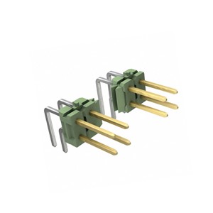 100-Pin Right angle mount dual-row 2.54mm locking AMPMODU PCB header, 6.7mm contact pin length,3.2mm PCB pin length, 2.8mm x 5mm insulator height, 6.15mm total height, PolybutyleneTerephthalate (PBT) green insulator, 5-amp current rating, -65c to +105C operating temperature range