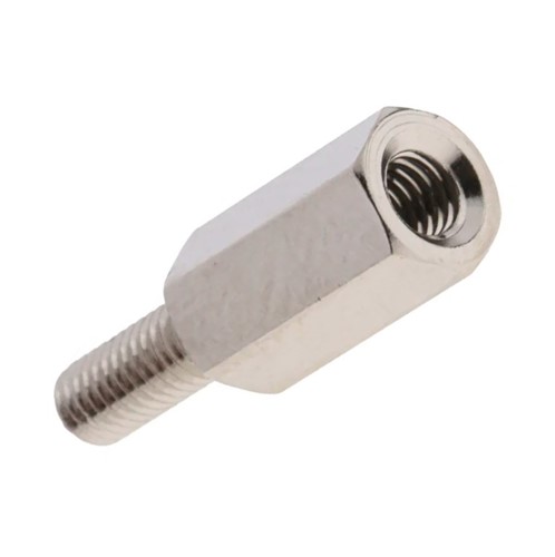 M3 x M3 Male/Female stud standoff, 10mm body height, 8mm stud, nickel plated brass, hex bodyshape