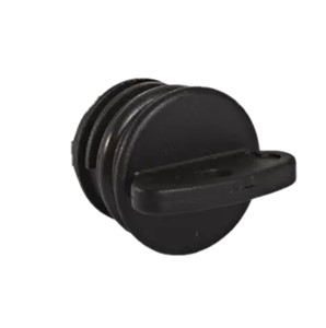 Marine drain plug, 3/4&quot; square thread, rubber O-ring fitted to plug, retaining clip removed,black nylon material