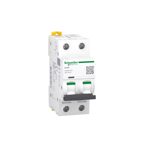 20A Miniature circuit breaker, two pole, DIN-rail mounting, type C curve, 6kA short circuit breakingcapacity at 400VAC 50/60Hz, 20,000 cycle mechanical endurance, 10,000 cycle electricalendurance, IEC/EN 60898-1, IEC/EN 60947-2