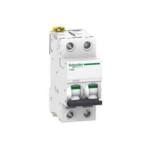 63A Miniature circuit breaker Acti9 iC60, two pole, DIN-rail mounting, type C curve, 6kA shortcircuit breaking capacity at 400VAC 50/60Hz, 20,000 cycle mechanical endurance, 10,000 cycleelectrical endurance