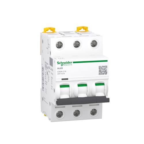 16A Miniature circuit breaker Acti9 iC60, three pole, DIN-rail mounting, type C curve, 6kA shortcircuit breaking capacity at 400VAC 50/60Hz, 20,000 cycle mechanical endurance, 10,000 cycleelectrical endurance