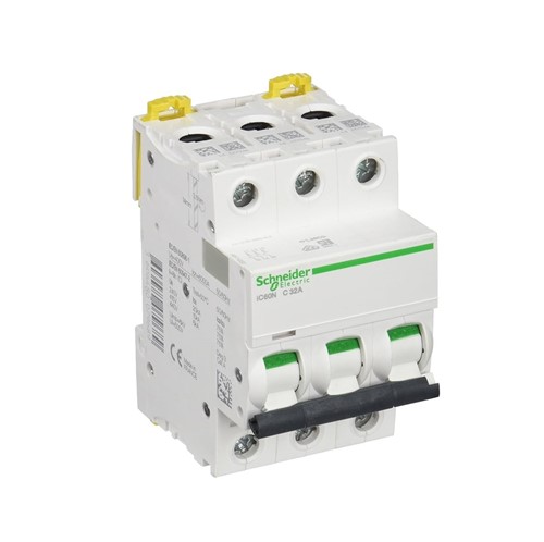 32A Acti9 IC60N Miniature circuit breaker, 3-pole, DIN-rail mounting, type C curve, 6kA short circuitbreaking capacity at 440VAC 50/60Hz, 20,000 cycle mechanical endurance, 10,000 cycle electricalendurance, IP20 environmental rating, EN/IEC 60898-1, EN/IEC 60947-2 standards