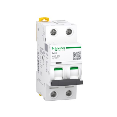 16A Miniature circuit breaker, 2-pole, DIN-rail mounting, D-curve, AC/DC networks, 6kA breakingcapacity at 440VAC, 20,000 cycle mechanical endurance, 10,000 cycle electrical endurance,IEC60947-2, IEC60898-1