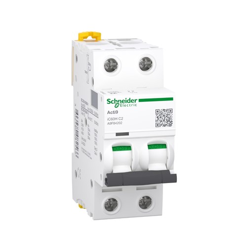 2A Miniature circuit breaker Acti9 iC60H, 2-pole, DIN-rail mounting, type C curve, 30kA shortcircuit breaking capacity at 240VAC 50/60Hz, 20,000 cycle mechanical endurance, 10,000 cycleelectrical endurance, IEC/EN 60947-2