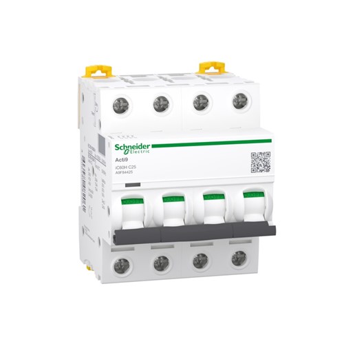 25A Miniature circuit breaker Acti9 iC60H, four pole, DIN-rail mounting, type C curve, 10kA shortcircuit breaking capacity at 440VAC 50/60Hz, 20,000 cycle mechanical endurance, 10,000 cycleelectrical endurance, IEC/EN 60947-2