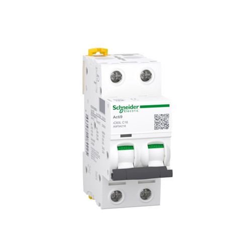 16A Miniature circuit breaker Acti9 iC60L, two pole, DIN-rail mounting, type C curve, 20kA shortcircuit breaking capacity at 440VAC 50/60Hz, 20,000 cycle mechanical endurance, 10,000 cycleelectrical endurance, IEC/EN 60947-2, IEC/EN60898-1