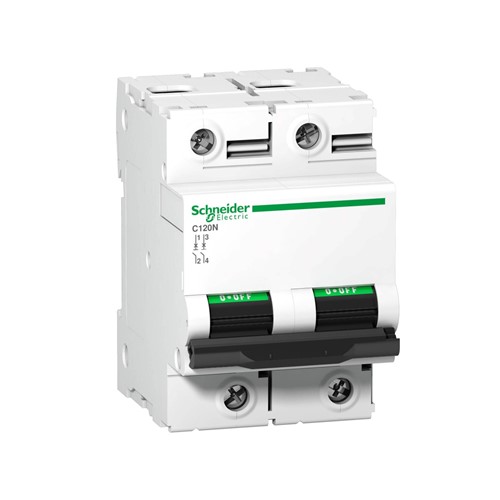 Acti 9 C120N Miniature circuit breaker, 2-pole, 80-amp, C-curve, 10kA breaking capacity, 250VDC,DIN rail mounting, 20,000 cycle mechanical durability,5,000 cycle electrical durability, EN/IEC60947-2