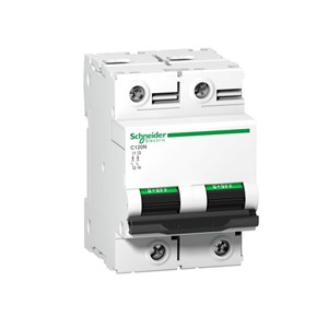 Acti 9 C120N Miniature circuit breaker, 2-pole, 100-amp, C-curve, 10kA breaking capacity, 250VDC,DIN rail mounting, 20,000 cycle mechanical durability, 5,000 cycle electrical durability,EN/IEC60947-2