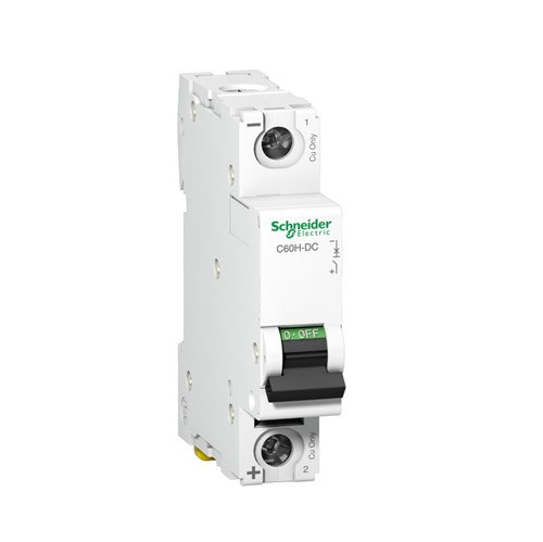 Acti 9 C60H-DC Miniature circuit breaker, 1-pole, 25-amp, C-curve, 6kA breaking capacity at 250VDC,DIN rail mounting, 20,000 cycle mechanical durability, 3,000 cycle electrical durability,EN/IEC60947-2