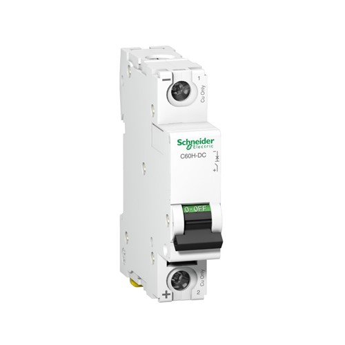 Acti 9 C60H-DC Miniature circuit breaker, 1-pole, 50-amp, C-curve, 6kA breaking capacity, 500VDC,DIN rail mounting, 20,000 cycle mechanical durability, 3,000 cycle electrical durability,EN/IEC60947-2