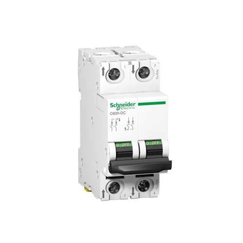 Acti 9 C60H-DC Miniature circuit breaker, 2-pole, 2-amp, C-curve, 20kA breaking capacity at 250VDC,DIN rail mounting, 20,000 cycle mechanical durability, 3,000 cycle electrical durability,EN/IEC60947-2