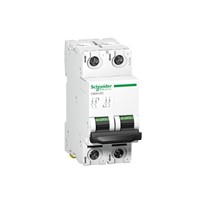 Acti 9 C60H-DC Miniature circuit breaker, 2-pole, 2-amp, C-curve, 20kA breaking capacity at 250VDC,DIN rail mounting, 20,000 cycle mechanical durability, 3,000 cycle electrical durability,EN/IEC60947-2