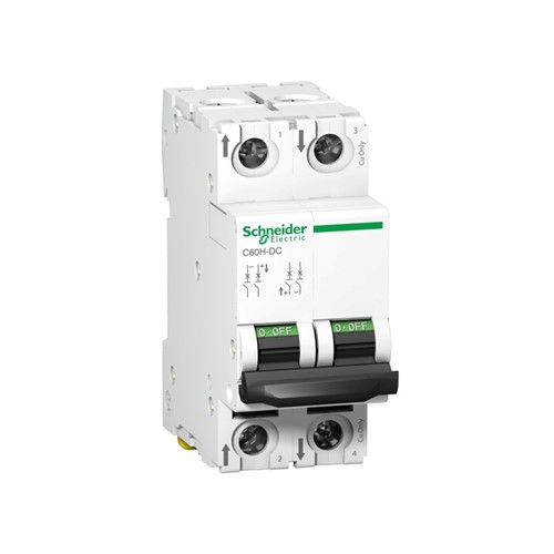 Acti 9 C60H-DC Miniature circuit breaker, 2-pole, 16-amp, C-curve, 6kA breaking capacity, 500VDC,DIN rail mounting, 20,000 cycle mechanical durability, 3,000 cycle electrical durability,EN/IEC60947-2