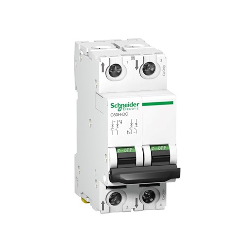 Acti 9 C60H-DC Miniature circuit breaker, 2-pole, 25-amp, C-curve, 6kA breaking capacity, 500VDC,DIN rail mounting, 20,000 cycle mechanical durability, 3,000 cycle electrical durability,EN/IEC60947-2