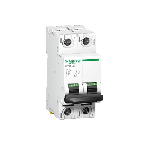 Acti 9 C60H-DC Miniature circuit breaker, 2-pole, 63-amp, C-curve, 6kA breaking capacity, 500VDC,DIN rail mounting, 20,000 cycle mechanical durability, 3,000 cycle electrical durability,EN/IEC60947-2