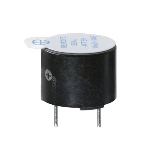2300Hz 5VDC Magentic buzzer, 30mA 85dBa, 12mm case diameter, 9.5mm case height, 7.6mm pitch, fittedwith masking label