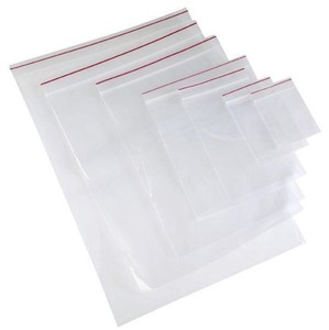 Zip-lock resealable plastic bag, 75mm x 65mm, 45 micron thickness, transparent