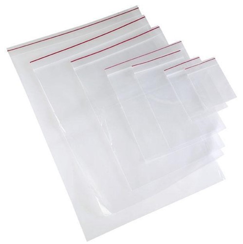 Zip-lock resealable plastic bag, 75mm x 100mm, 45 micron thickness, transparent
