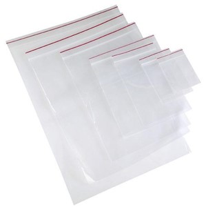 Zip-lock resealable plastic bag, 75mm x 100mm, 45 micron thickness, transparent