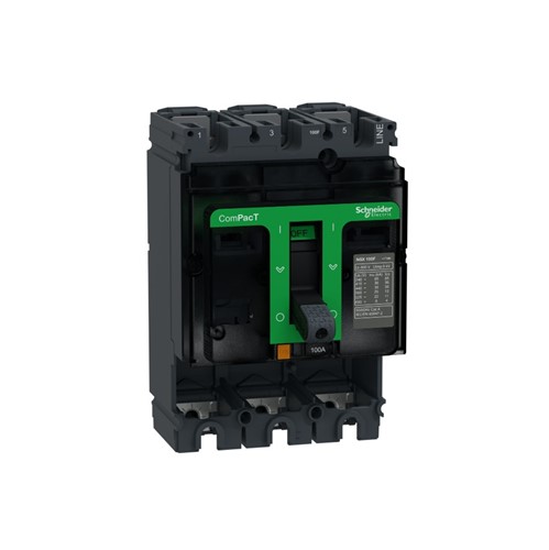 Circuit breaker basic frame, ComPacT NSX100F, 3-pole, 100A rated current, 690VAC ratedoperational voltage 35kA/440VAC breaking capacity, 50,000 cycle mechanical endurance, 30,000 cycleelectrical endurance (440VAC), IP40 protection, IEC/EN 60947-2