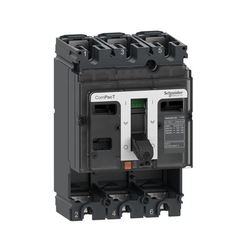 160A ComPacT NSX160F Circuit breaker frame, 3-pole, 160A rated current, 750VDC ratedoperational voltage 36kA/750VDC breaking capacity, 10,000 cycle mechanical endurance, 10,000 cycleelectrical endurance, IP40 protection, IEC/EN 60947-2