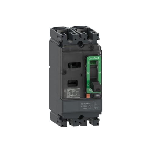 ComPacT NSX160M AC/DC 2-pole TMD trip unit, thermal-magnetic trip technology. 160-amp triprating, 690VAC/500VDC rated operational voltage, AC/DC network, 20,000 cycle mechanical durability,10,000 cycle electrical durability (277Vin), IP40 environmental protection, IEC/EN 60947-2