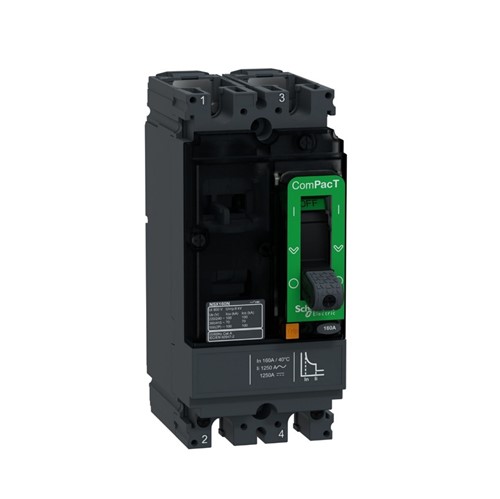 ComPacT NSX160S AC/DC 2-pole TMD trip unit, 160-amp trip rating, 690VAC/500VDC ratedoperational voltage, AC/DC network, 70kA/415VAC breaking capacity, 20,000 cycle mechanicaldurability, 10,000 cycle electrical durability (277Vin), IP40 environmental protection, IEC/EN60947-2