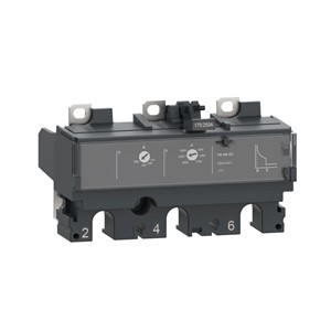 ComPacT NSX250 DC 3-pole trip unit, thermal-magnetic trip technology. 250-amp triprating, 750VDC rated operational voltage, DC network, adjustable long-time protection pick-up,IP40 environmental protection, IEC/EN 60947-2