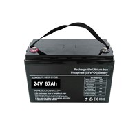 25.6V 67Ah LiFePO4 High performance battery, 1715Wh,integrated BMS PCBA, 90A maximum discharge current, 67A maximum charge current, sealedconstruction, 256mm (L) x 165mm (W) x 210mm (H), M8 screw terminals with bolts and lock washers,11.7KG

Applications:

- Mobile scooters - Golf trundlers- Golf buggies - Toys- Trolling motors - Motorhomes and caravans- Solar energy storage