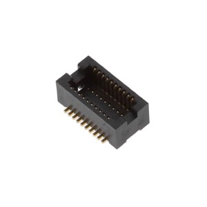 20-Pin Vertical mount SMD female header, 0.5mm pitch, 5mm stack height (board to board), up to5Gbps data transfer rate, 50VAC 0.3A rated, UL94V-0 black polyamide insulator, gold platedpins