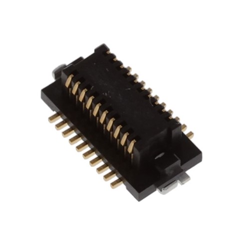 20-Pin Vertical mount SMD male header, 0.5mm pitch, up to 5Gbps data transfer rate, 50VAC 0.3Arated, UL94V-0 black polyamide insulator, gold plated pins
