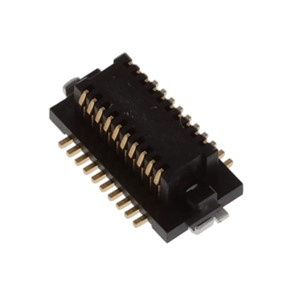 20-Pin Vertical mount SMD male header, 0.5mm pitch, up to 5Gbps data transfer rate, 50VAC 0.3Arated, UL94V-0 black polyamide insulator, gold plated pins