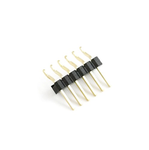 6-pin Single row, right angle SMD pin header, gold flash pins, round locating post, 6.3mm pin length,black nylon insulator, brass contact material, cap fitted, tape and reel packaging