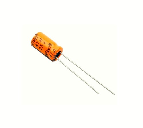 47uF 10V 20% Electrolytic capacitor, low leakage, 5mm x 11mm case size, 2mm PCB pitch, extendedtemperature operating range (-40c to +105c)