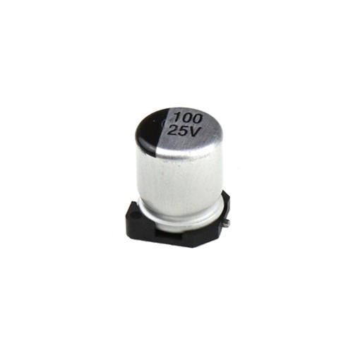 100uF 25V 20% SMD Electrolytic capacitor, -55C to +105C operating temperature range, 2000hrendurance, 100mA ripple current, 6.3mm x 7.7mm package