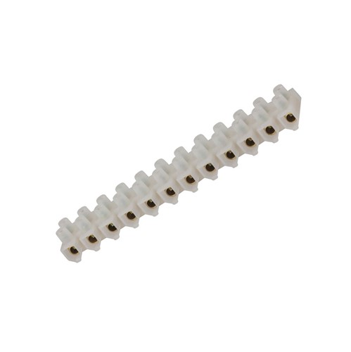 12-way 10-amp Electrical terminal strip, can be divided with a sharp knife, mounting holes on afixed pitch, temperature range -35c to 110c, 4.2mm wire diameter (cable entry), screw lockingterminals