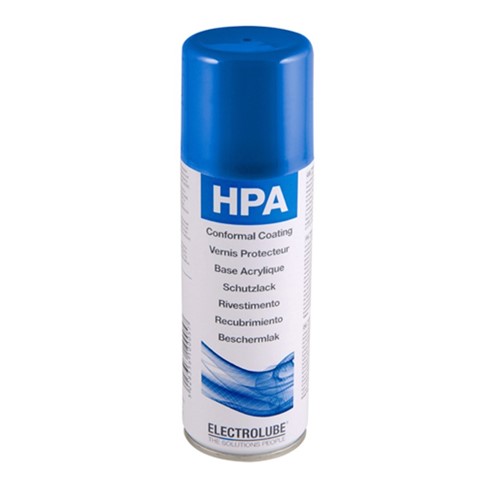 Electrolube HPA200H High Performace Acrylic Conformal Coating - 200ml.

A flexible, fast drying transparent acrylic conformal coating for the protection of electroniccircuitry formulated to meet the highest defence and aerospace requirements. This product has beenformulated for professional use only.

- High performance flexible acrylic coating - Approved to US MIL-1-46058C- UV trace for inspection - Excellent electrical properties- Excellent clarity, ideal for LED application - May be removed with solvents such as ultrasolve(ULS)