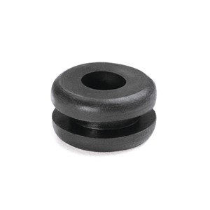 9.5mm x 5.6mm PVC Cable grommet, black, 1.6mm panel thickness, 6.4mm width, designed for 4mmcable diameter, 55 Shore A hardness rating, -30c to +60c operating temperature range, UL94-V0