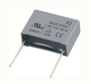 33nF 10% 300VAC X2 MKP Capacitor, 15mm PCB pitch, 18mm x 11mm x 5mm body size, 5mm trimmed PCB pins