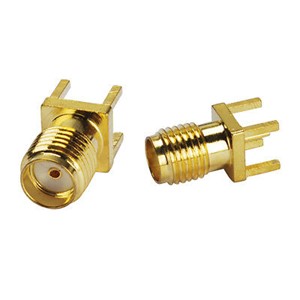 SMA Female vertical mount PCB connector, 5u&quot; Gold flash plating, 6.5mm x 6.5mm