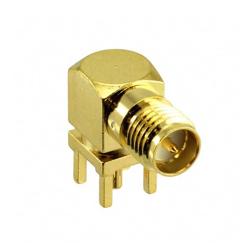 Right angle PCB mount SMA (F) jack connector, through hole, 5-pin, 5u" Gold plating, 50ohmimpedance, DC-3GHz frequency range, >500 cycle durability, -55C to +125C operateing temperaturerange