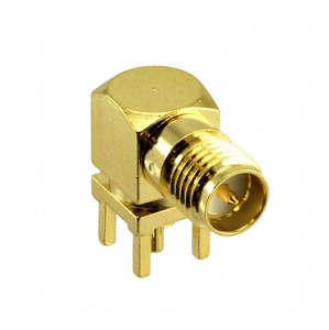 Right angle PCB mount SMA (F) jack connector, through hole, 5-pin, 5u" Gold plating, 50ohmimpedance, DC-3GHz frequency range, >500 cycle durability, -55C to +125C operateing temperaturerange
