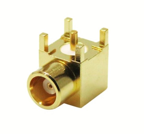Right angle PCB mount MMCX connector, female, through hole, 5-pin, 5u&quot; Gold, 50ohm