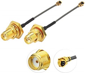 SMA Female bulkhead connector (KM-010136) to I-PEX connector loom, 100mm 1.13mm low loss co-axialcable, Gold plating, heatshrink, rubber gasket fitted to front side of SMA, nut and lock washersupplied in separate bags